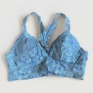 Aerie Women's Medium Powder Blue Floral Lace Bralette Bra Racer Back Padded